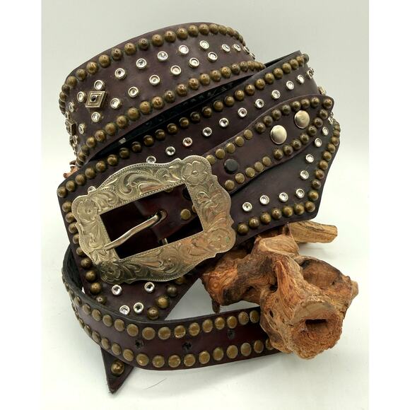 Jose Luis German Silver Buckle Brass & Rhinestone Studded Leather Western Belt main image 9